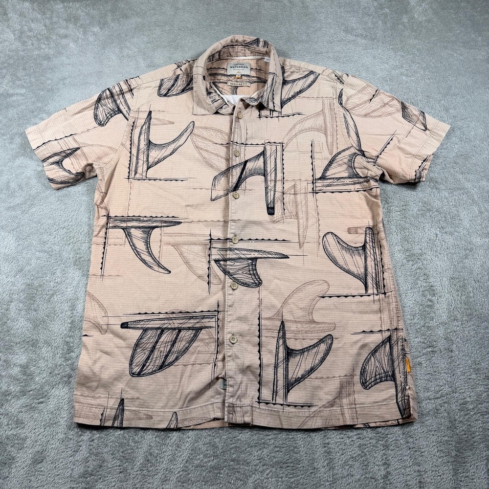 Quiksilver Waterman Shirt Mens Medium Beige Surf Fin Short Sleeve Vacation Hawai